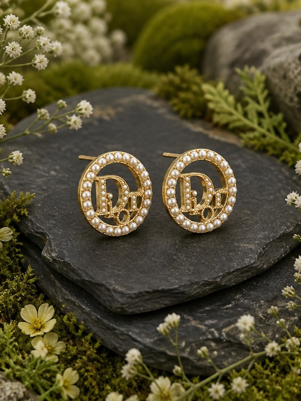 Pearl-Trim Gold Circle Stud Earrings with Monogram Detail